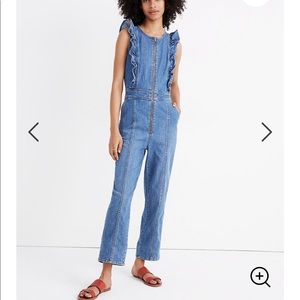 Denim Ruffle-Sleeve zip-front jumpsuit